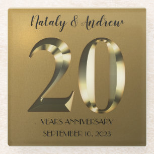 Metallic golden 20th Wedding Anniversary Glass Coaster