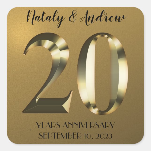 Metallic golden 20th Wedding Anniversary Square Sticker (Front)