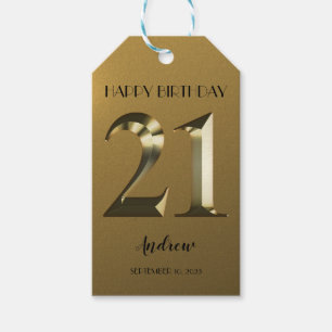 Metallic golden 21st birthday gift tags