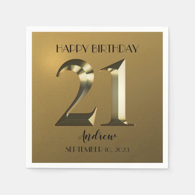 Metallic golden 21st birthday napkin (Front)