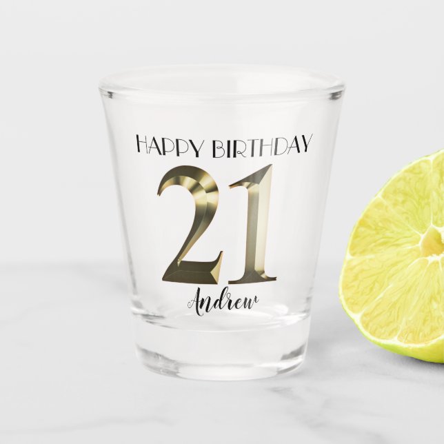 Metallic golden 21st birthday shot glass (Front)