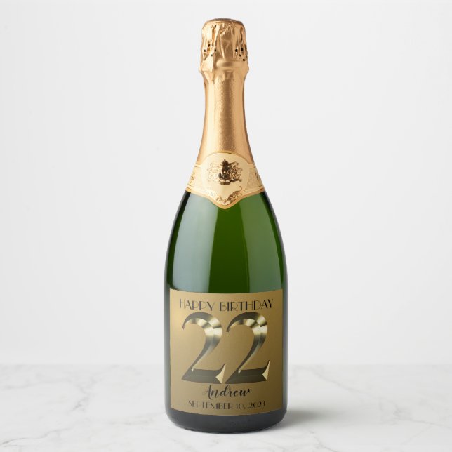 Metallic golden 22th birthday Sparkling Wine label (Front)