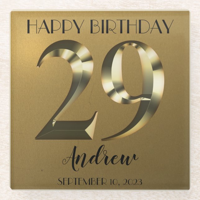 Metallic golden 29th birthday glass coaster (Front)