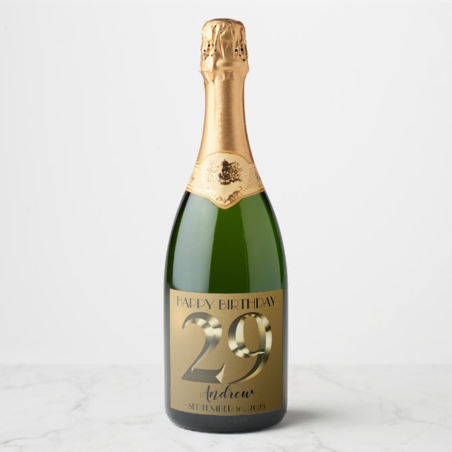 Metallic golden 29th birthday sparkling wine label (Front)