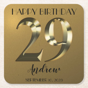 Metallic golden 29th birthday square paper coaster