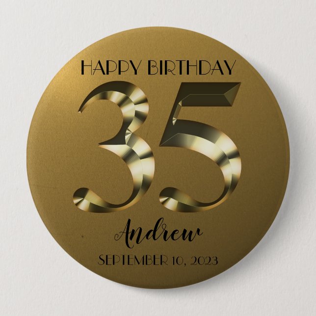 Metallic golden 35th birthday 4 inch round button (Front)