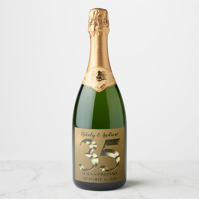 Metallic golden 35th Wedding Anniversary Sparkling Wine Label (Front)
