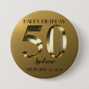 Metallic golden 50th birthday 3 inch round button