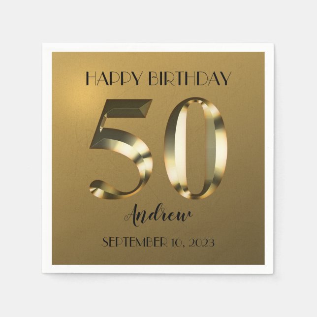 Metallic golden 50th birthday napkin (Front)