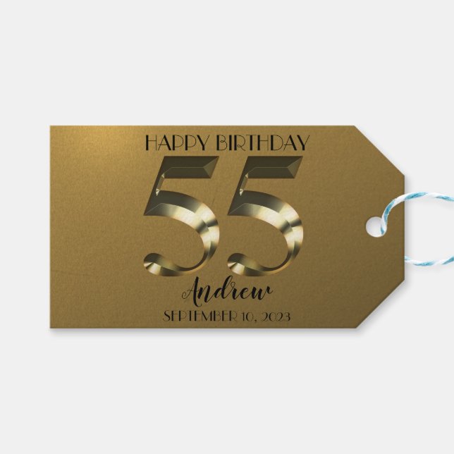 Metallic golden 55th birthday gift tags (Front (Horizontal))