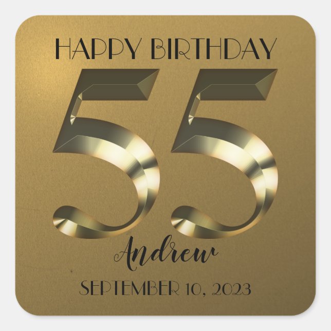 Metallic golden 55th birthday square sticker (Front)