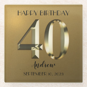 Metallic golden foil 40th birthday glass coaster