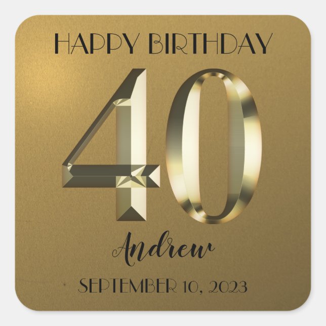 Metallic golden foil 40th birthday square sticker (Front)