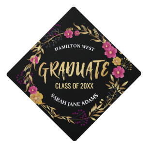 Metallic Golden Pink Floral wreath Graduate year Graduation Cap Topper