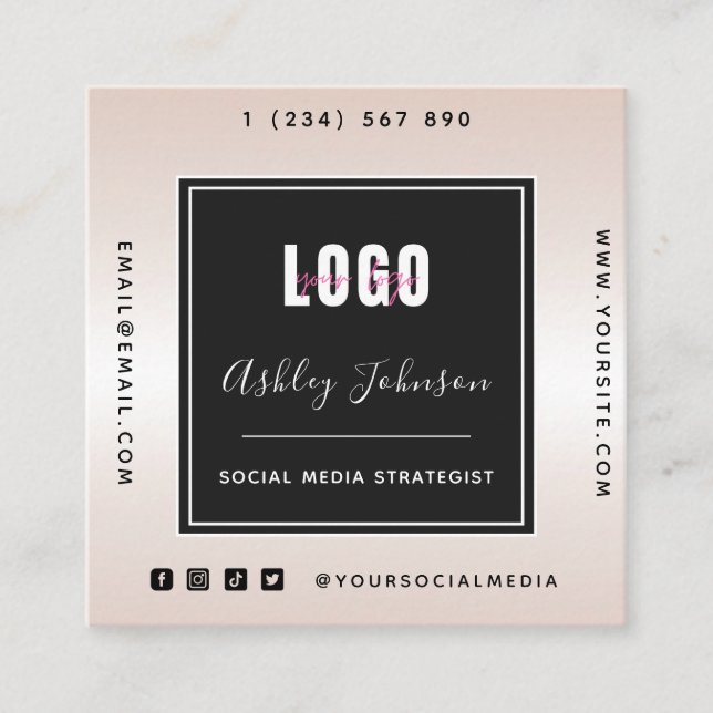 Metallic Gradient Add Logo QR Code & Social Media Square Business Card (Front)