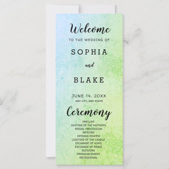 Metallic Green and Blue and Floral Wedding Program (Front)