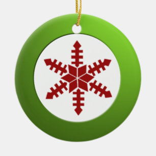 Metallic Green Circle and Red Snowflake Ceramic Ornament