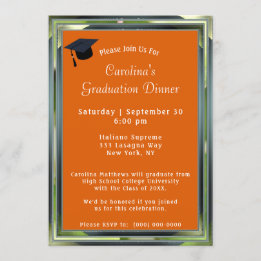Metallic Green Frame Orange Dinner Cap Graduation Invitation