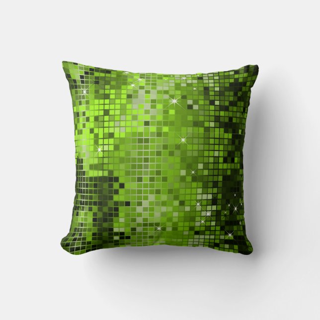 Metallic Green Sequins Glitter Abstract Pixel Art Throw Pillow (Front)