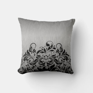 Metallic Grey & Black Floral Lace Throw Pillow