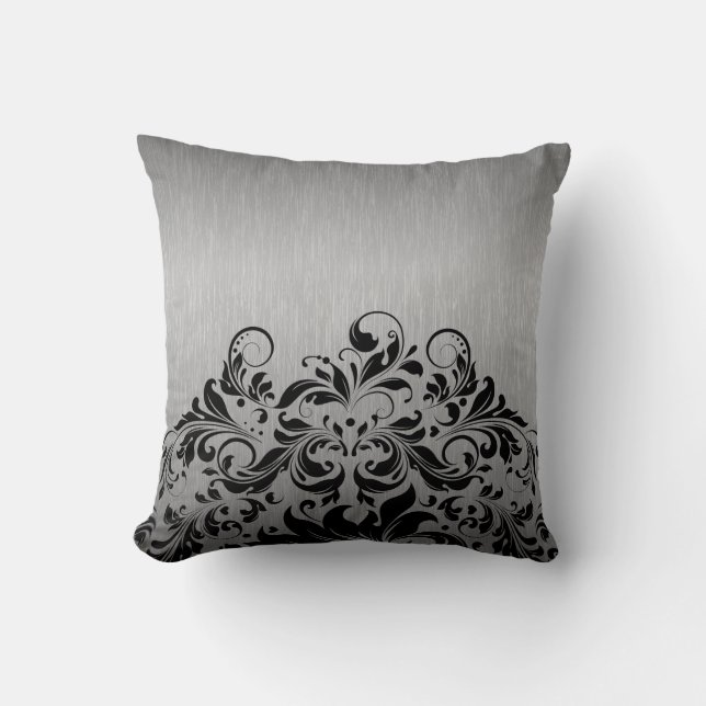 Metallic Grey & Black Floral Lace Throw Pillow (Front)