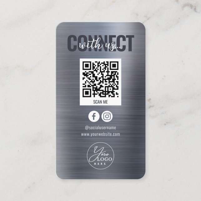 Metallic Grey Connect With Us Social Media QR Code Business Card (Front)