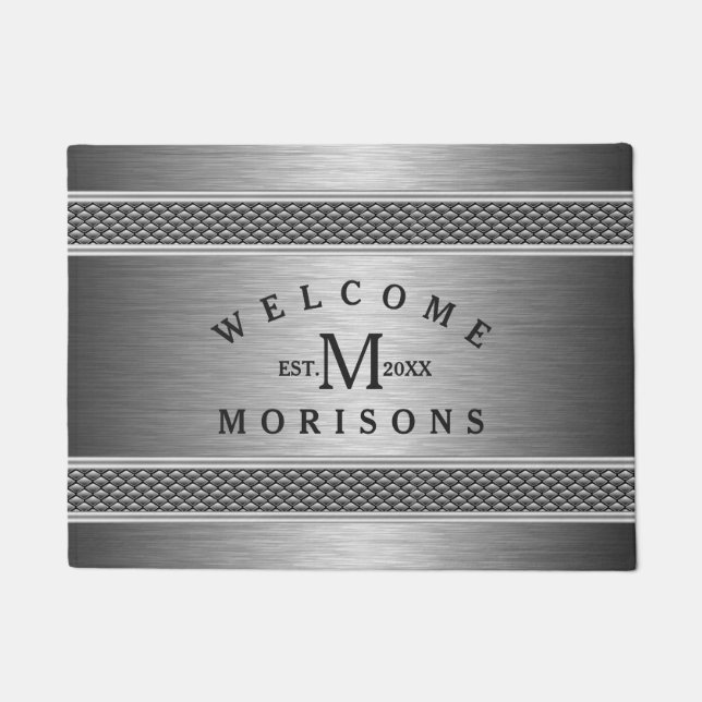 Metallic Grey Geometric Stripes Modern Design Doormat (Front)