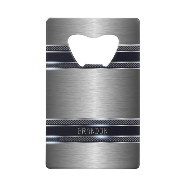 Metallic grey texture industrial geometric design credit card bottle opener (Front)