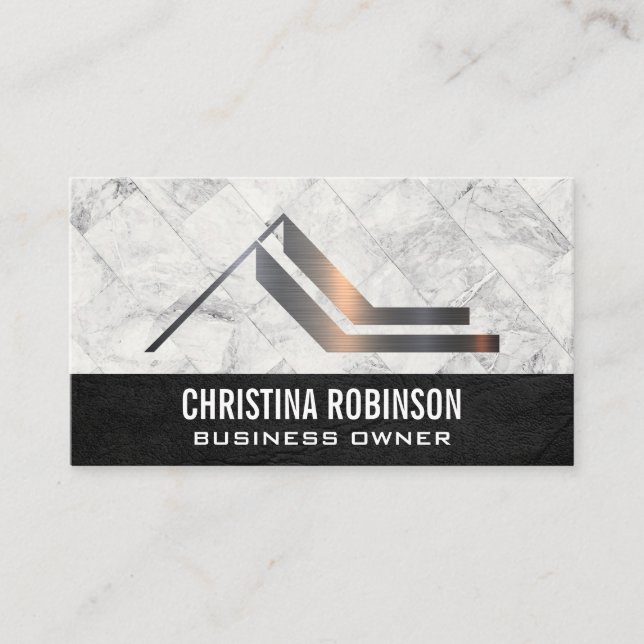 Metallic Home Logo | White Marble Tiles Business Card (Front)