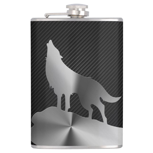 Metallic howling wolf with carbon fibre hip flask (Front)