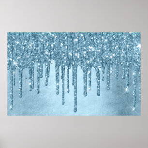 Metallic Ice Blue Drip   Glitzy Glam Glitter Melt Poster
