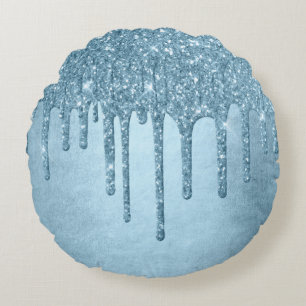 Metallic Ice Blue Drip   Glitzy Glam Glitter Melt Round Pillow