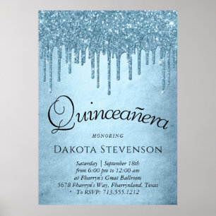 Metallic Ice Blue Drip   Glitzy Glam Quinceanera Poster