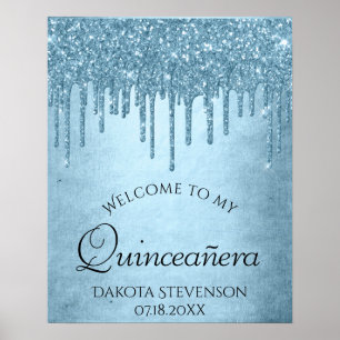Metallic Ice Blue Drip Glitzy Glam Sweet Sixteen Poster
