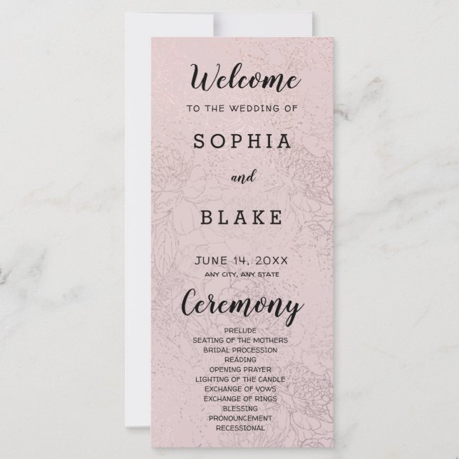 Metallic Light Pink and Floral Wedding Program (Front)