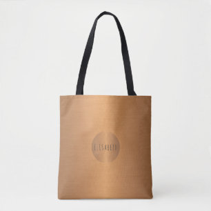 Metallic look copper circle name monogram stylish tote bag