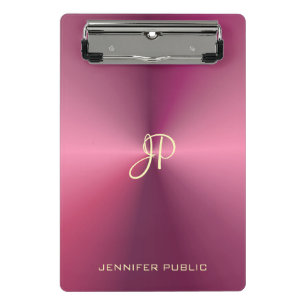 Metallic Look Pink Template Modern Monogram Mini Clipboard