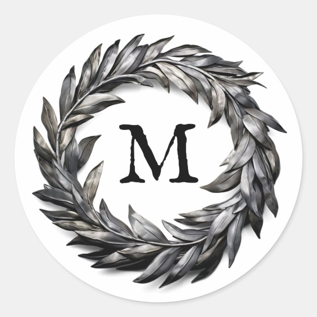 Metallic Masculine Wreath With Your Monogram Classic Round Sticker (Front)