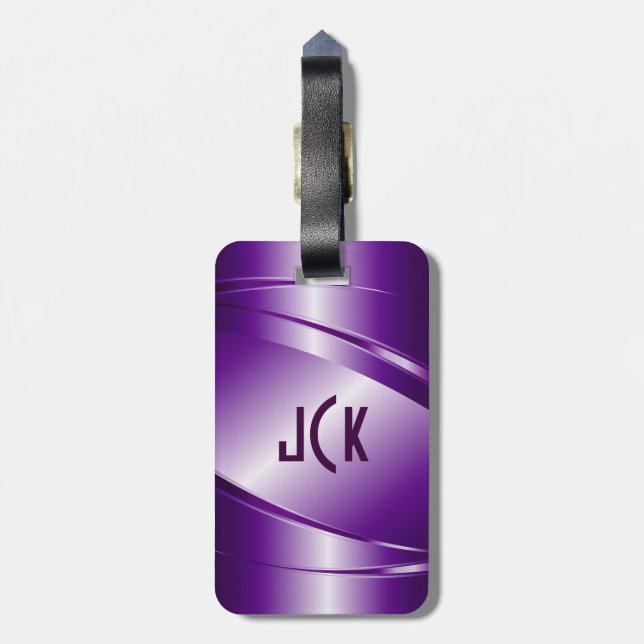 Metallic Monogramed Purple Brushed Aluminum Look Luggage Tag (Back Vertical)