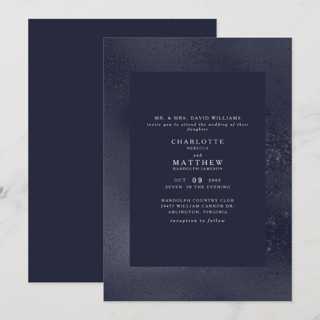 Metallic Navy Wedding Invitation (Front/Back)