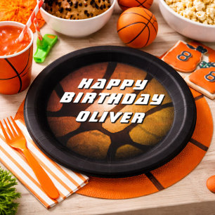 Metallic Orange Basketball Ball Birthday Paper Plate