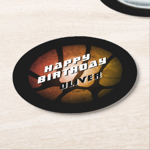 Metallic Orange Basketball Ball Birthday  Round Paper Coaster