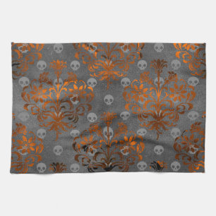 Metallic Orange Damask and Skulls Kitchen Towel