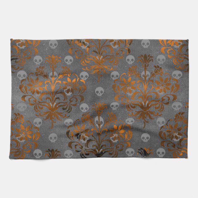Metallic Orange Damask and Skulls Kitchen Towel (Horizontal)