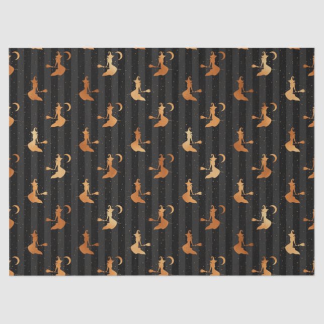 Metallic Orange Witches Black Halloween Decoupage Tissue Paper (Front)
