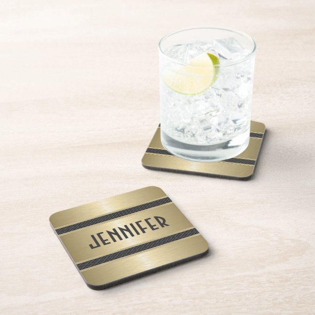 Metallic Pastel Gold Design Brushed Aluminum Look Coaster (Right Side)