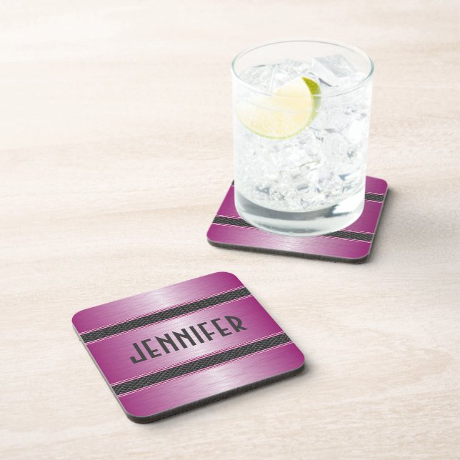 Metallic Pastel Pink Design Brushed Aluminum Look Coaster (Right Side)