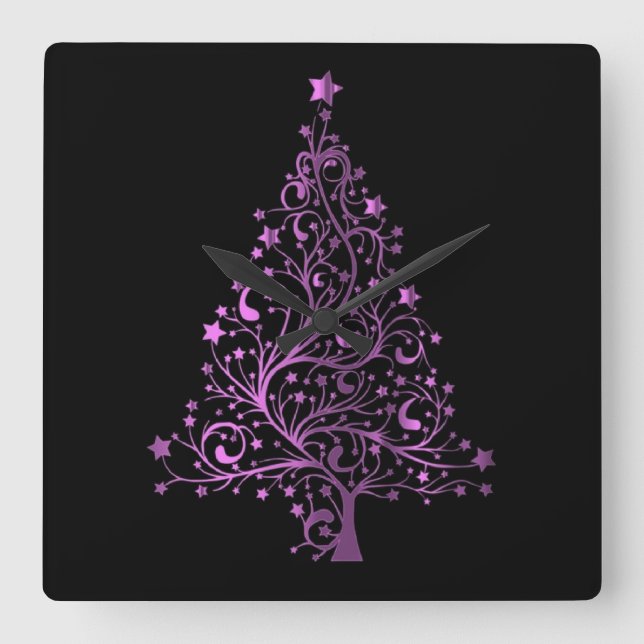 Metallic Pink Black Stars Christmas Tree Elegant Square Wall Clock (Front)