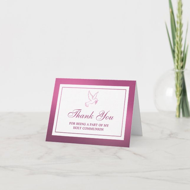 Metallic Pink Dove Holy Communion Or Confirmation Thank You Card (Front)