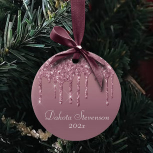 Metallic Pink Drip Dusty Mauve Shimmer Drizzle Ceramic Ornament